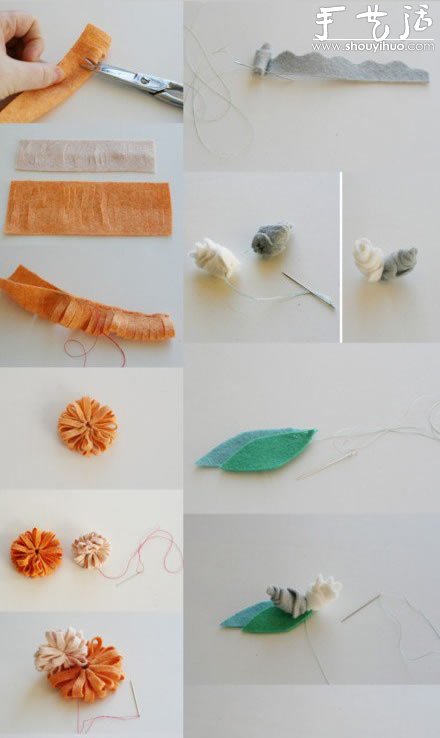 手工布艺制作带绿叶的花朵 -  www.shouyihuo.com