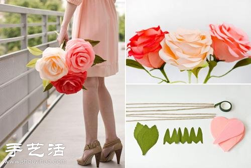 绉纱纸+纸艺 手工制作富贵吉祥玫瑰花 -  www.shouyihuo.com