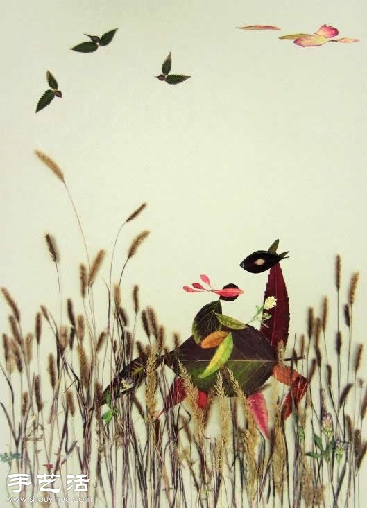 树叶+创意 手工制作有趣的拼贴画 -  www.shouyihuo.com