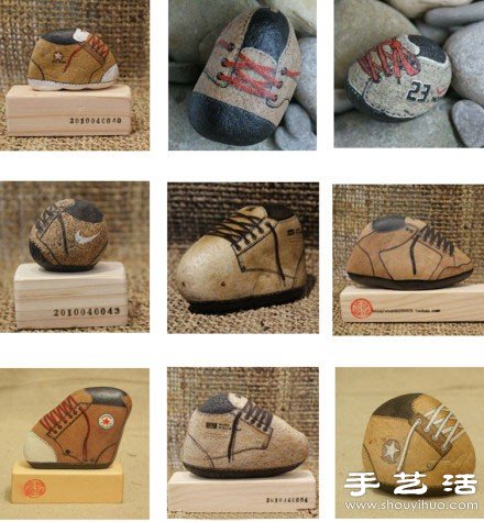 憨态十足的石绘运动鞋手工艺品 -  www.shouyihuo.com