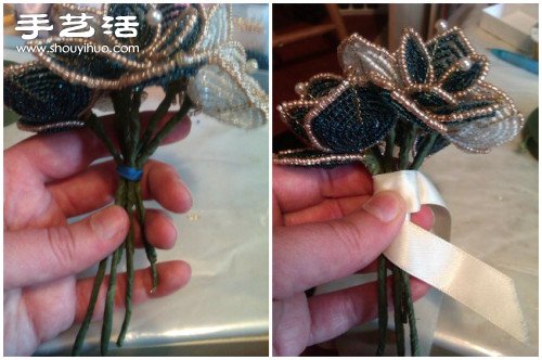 串珠玫瑰花手捧花手工制作图解教程 -  www.shouyihuo.com