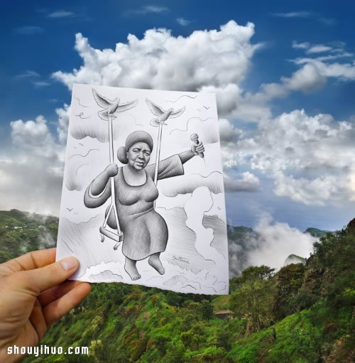 铅笔画融入照片 DIY趣味盎然艺术图案 -  www.shouyihuo.com