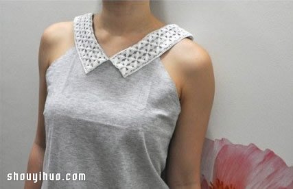 旧棉布T恤手工改造DIY蕾丝花边领子无袖衫 -  www.shouyihuo.com