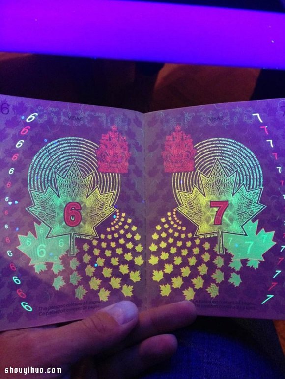加拿大护照被紫外线灯照射后的超华丽画面 -  www.shouyihuo.com