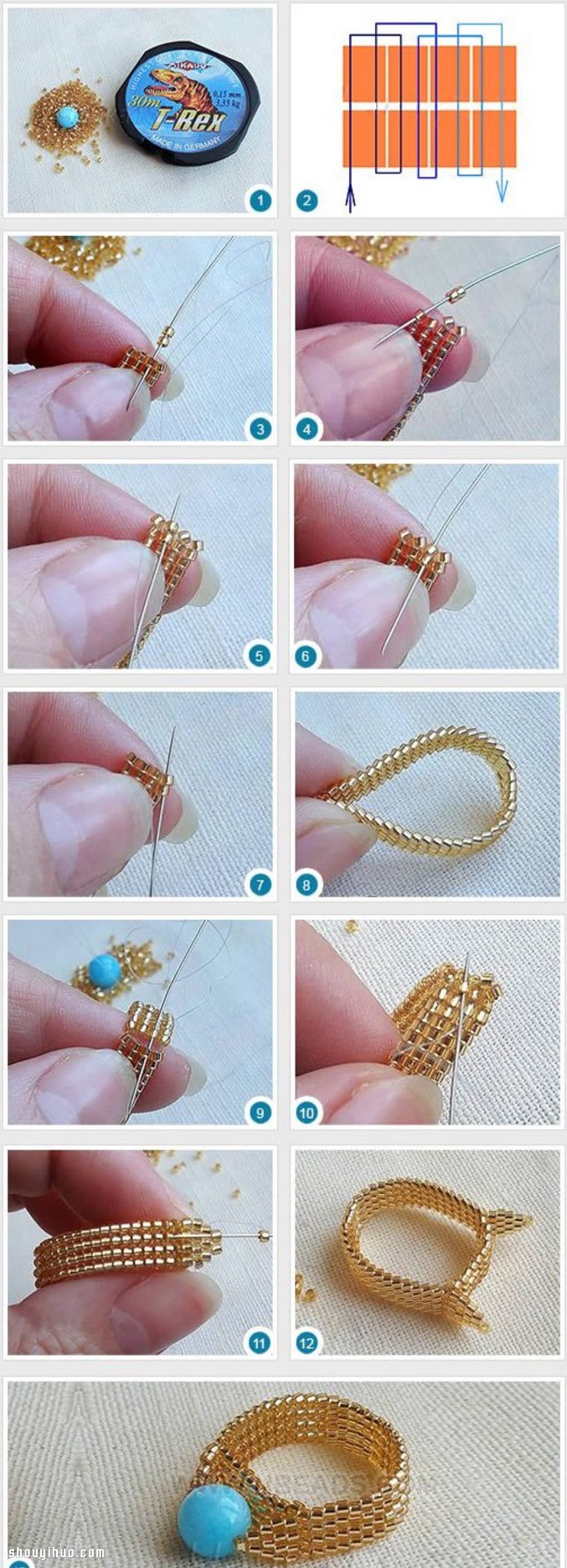 金灿灿的串珠宝石戒指DIY手工制作图解教程 -  www.shouyihuo.com