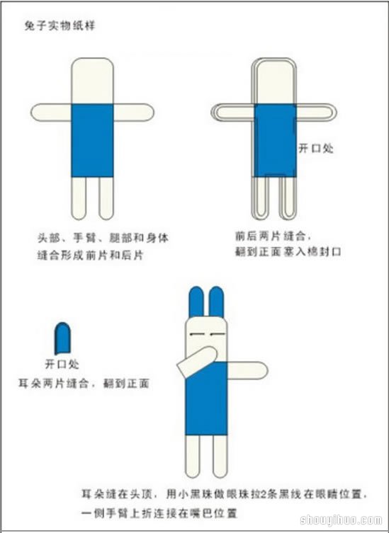 可爱的不织布兔子玩偶手工制作教程带纸样 -  www.shouyihuo.com