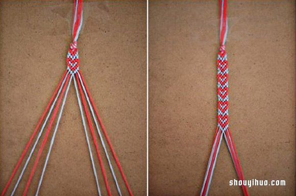 简约清新的爱心图案手绳的编法DIY图解教程 -  www.shouyihuo.com