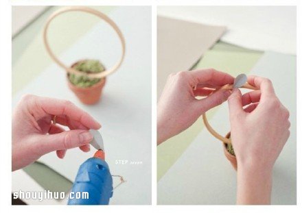 利用绣绷和卡纸 DIY环形装饰盆栽的方法 -  www.shouyihuo.com