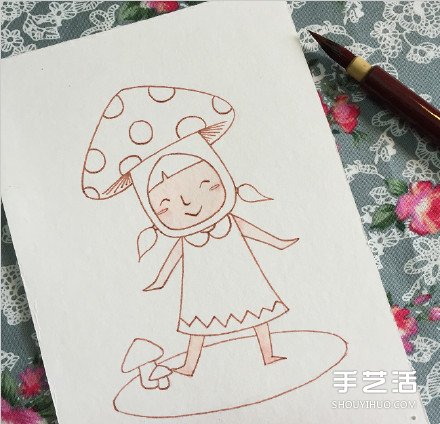 扮演蘑菇的可爱小女孩的画法 教你如何着色 -  www.shouyihuo.com