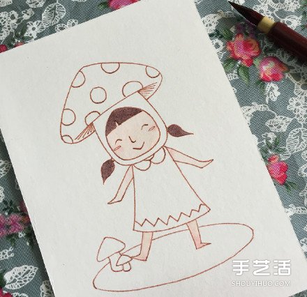 扮演蘑菇的可爱小女孩的画法 教你如何着色 -  www.shouyihuo.com