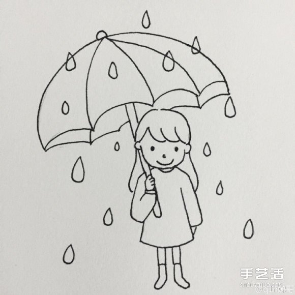 雨中打伞的小女孩简笔画画法图片教程 - www.shouyihuo.com