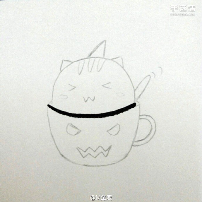 偷喝苦咖啡的卡通小猫咪简笔画的画法图片教程 - www.shouyihuo.com