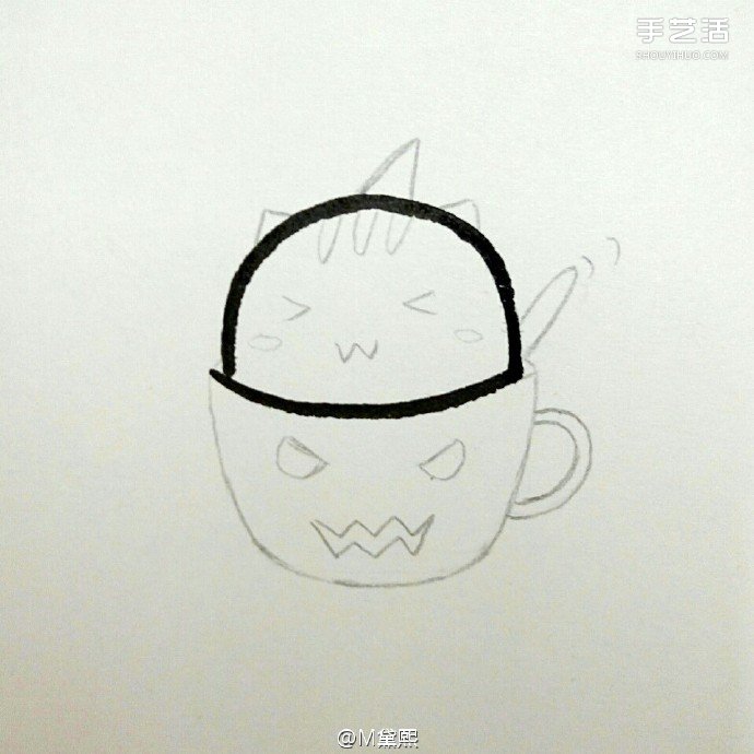 偷喝苦咖啡的卡通小猫咪简笔画的画法图片教程 - www.shouyihuo.com