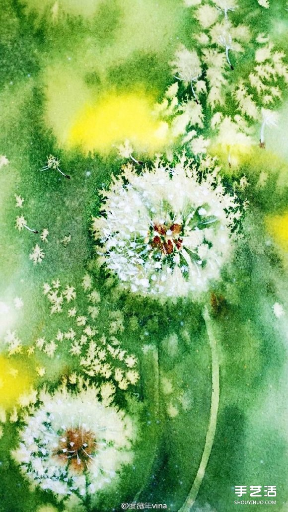 用盐和水彩画蒲公英的作品 带有油画般质感 -  www.shouyihuo.com
