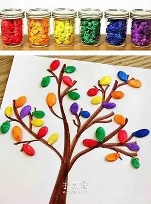 南瓜籽手工制作大树 幼儿园简单大树拼贴画 -  www.shouyihuo.com