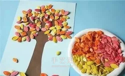 南瓜籽手工制作大树 幼儿园简单大树拼贴画 -  www.shouyihuo.com