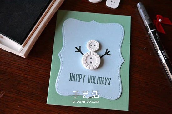 精致圣诞贺卡的做法 纽扣雪人圣诞贺卡DIY -  www.shouyihuo.com