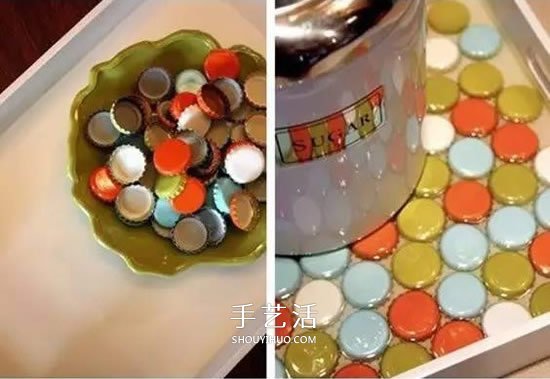 瓶盖废物利用 把木托盘改造成泡茶垫子的方法 -  www.shouyihuo.com