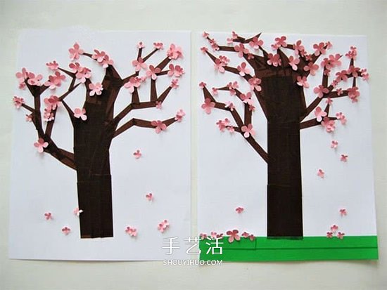 幼儿手工贴画教程：卡纸和胶带贴美丽的樱花树 -  www.shouyihuo.com