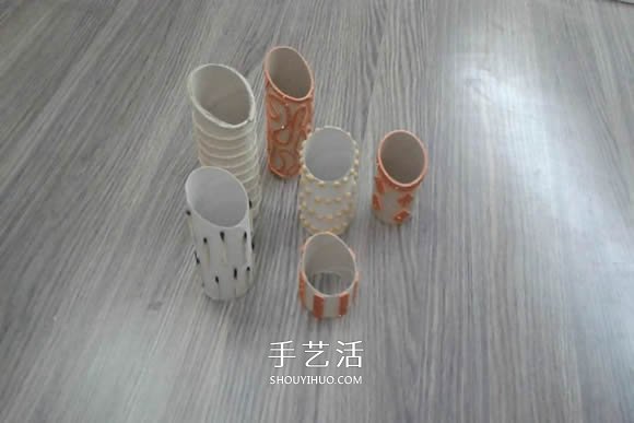 卷纸筒保鲜膜筒废物利用 手工制作多孔笔筒 -  www.shouyihuo.com